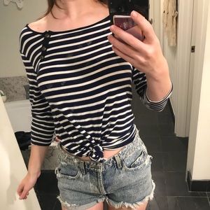 Asymmetrical Navy&White Striped Henley Top